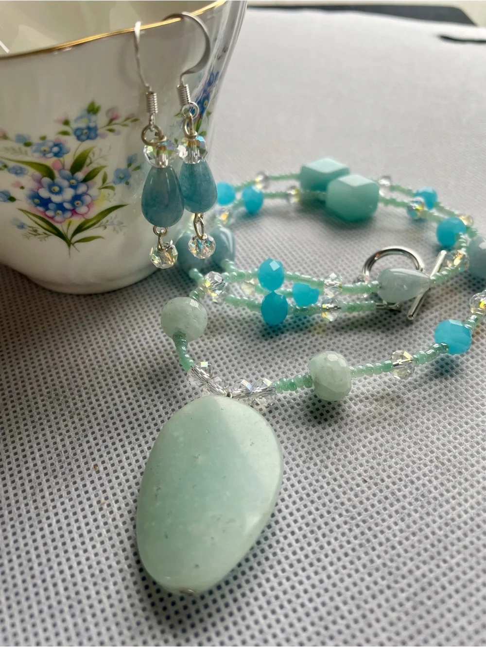 Handmade Mint Green Bead Necklace and Earring Set